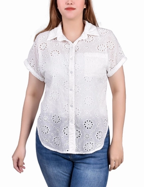 Petite Short Sleeve Eyelet/Jersey Blouse Non Closure Collar Multipanel Construction