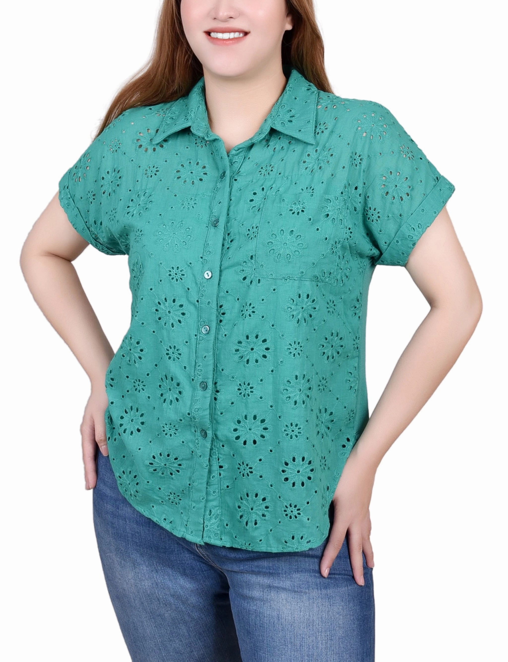 Petite Short Sleeve Eyelet/Jersey Blouse Soft Inner Lining