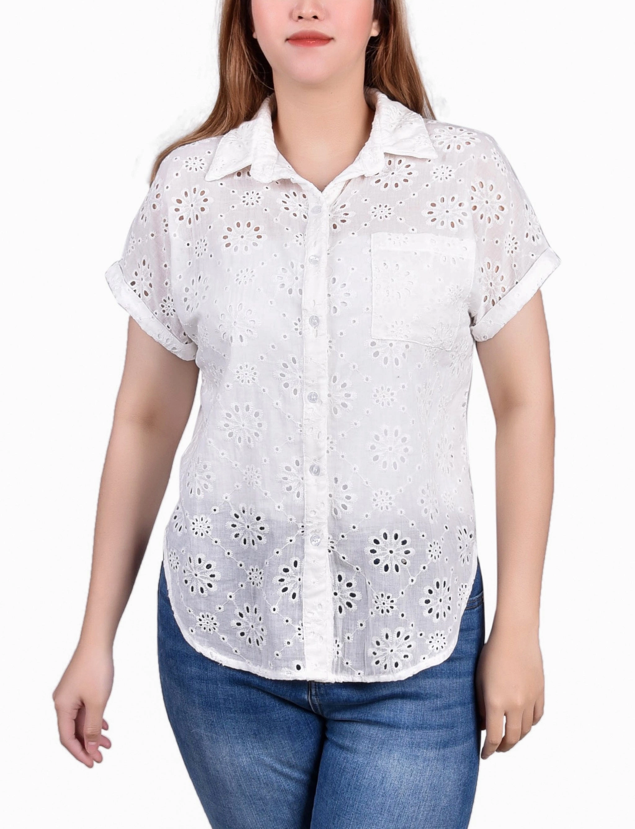 Petite Short Sleeve Eyelet/Jersey Blouse Non Closure Collar Multipanel Construction