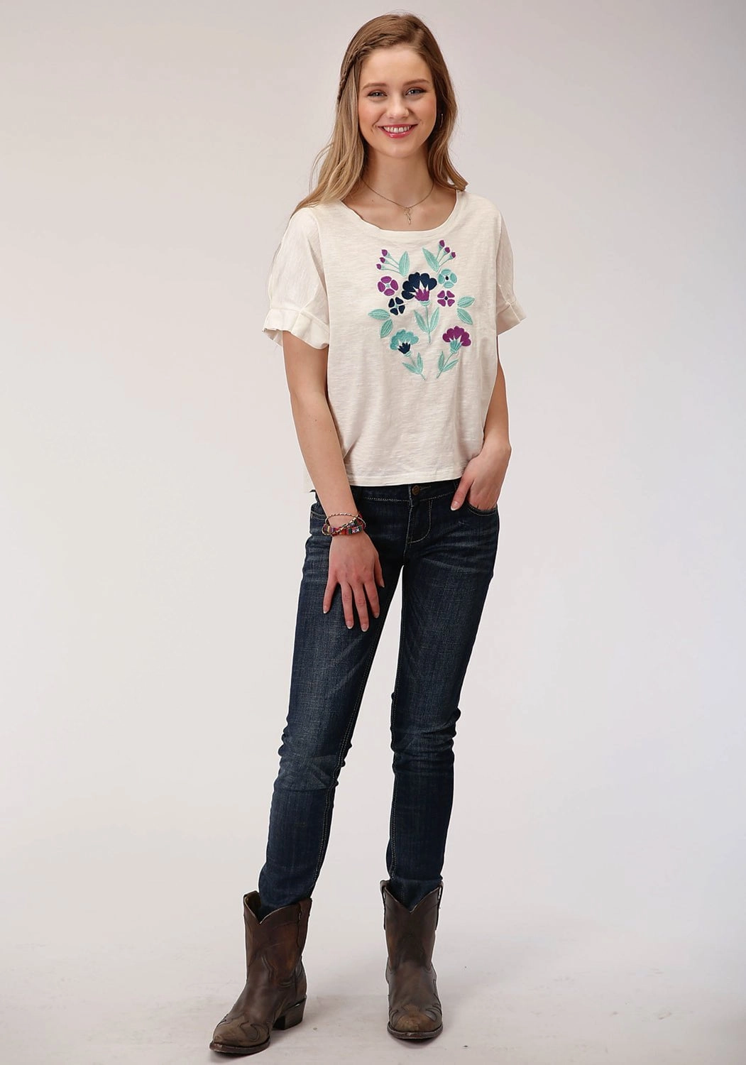 Casual Sophistication Roper Womens Cream 100% Cotton Purple Floral S/S T-Shirt