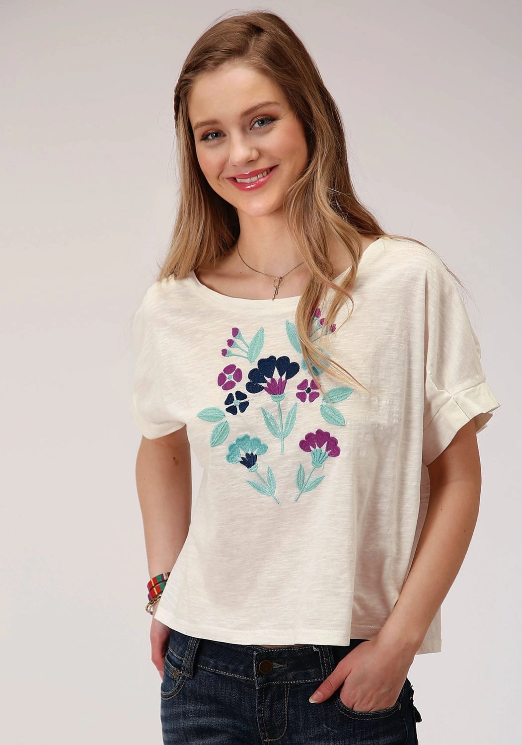 Roper Womens Cream 100% Cotton Purple Floral S/S T-Shirt Youthful Style