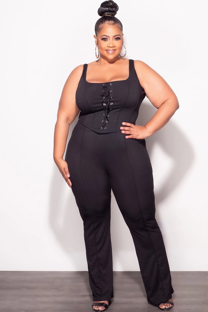 Relaxed Comfort Wear Final Sale Plus Size Ribbed 2pc Sleeveless Lace Up Tank Top & Pants Set in Black