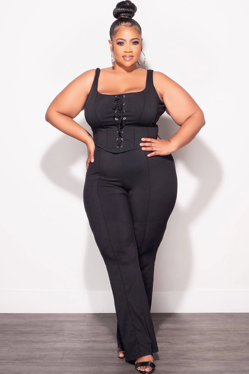 All Day Wear Comfort Final Sale Plus Size Ribbed 2pc Sleeveless Lace Up Tank Top & Pants Set in Black