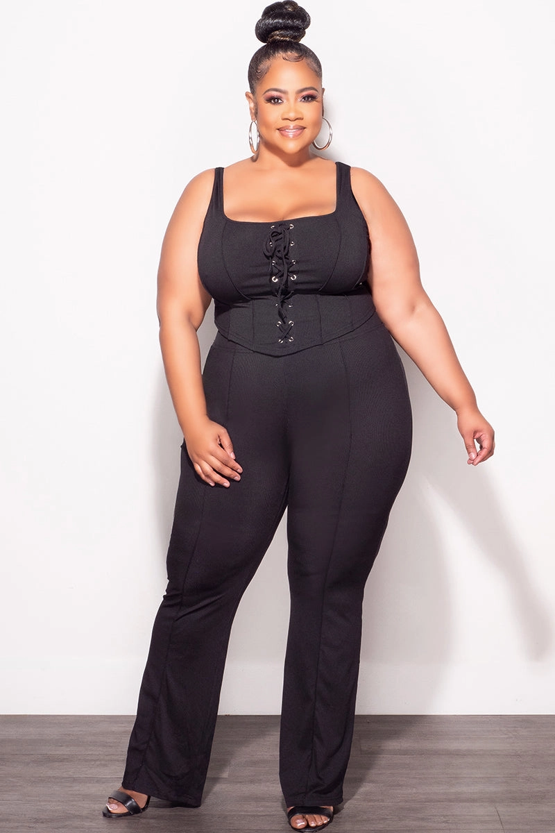 Final Sale Plus Size Ribbed 2pc Sleeveless Lace Up Tank Top & Pants Set in Black Street Comfort