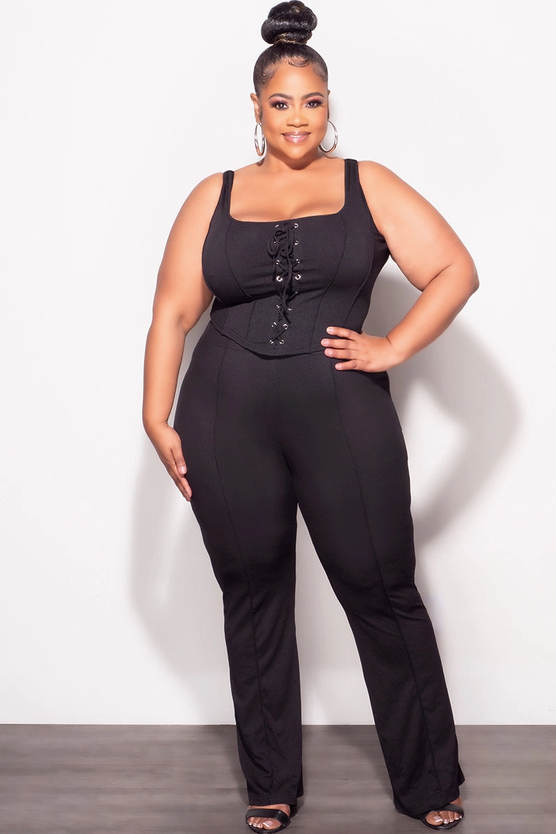 Final Sale Plus Size Ribbed 2pc Sleeveless Lace Up Tank Top & Pants Set in Black Relaxed Wear Flat Lock Stitching
