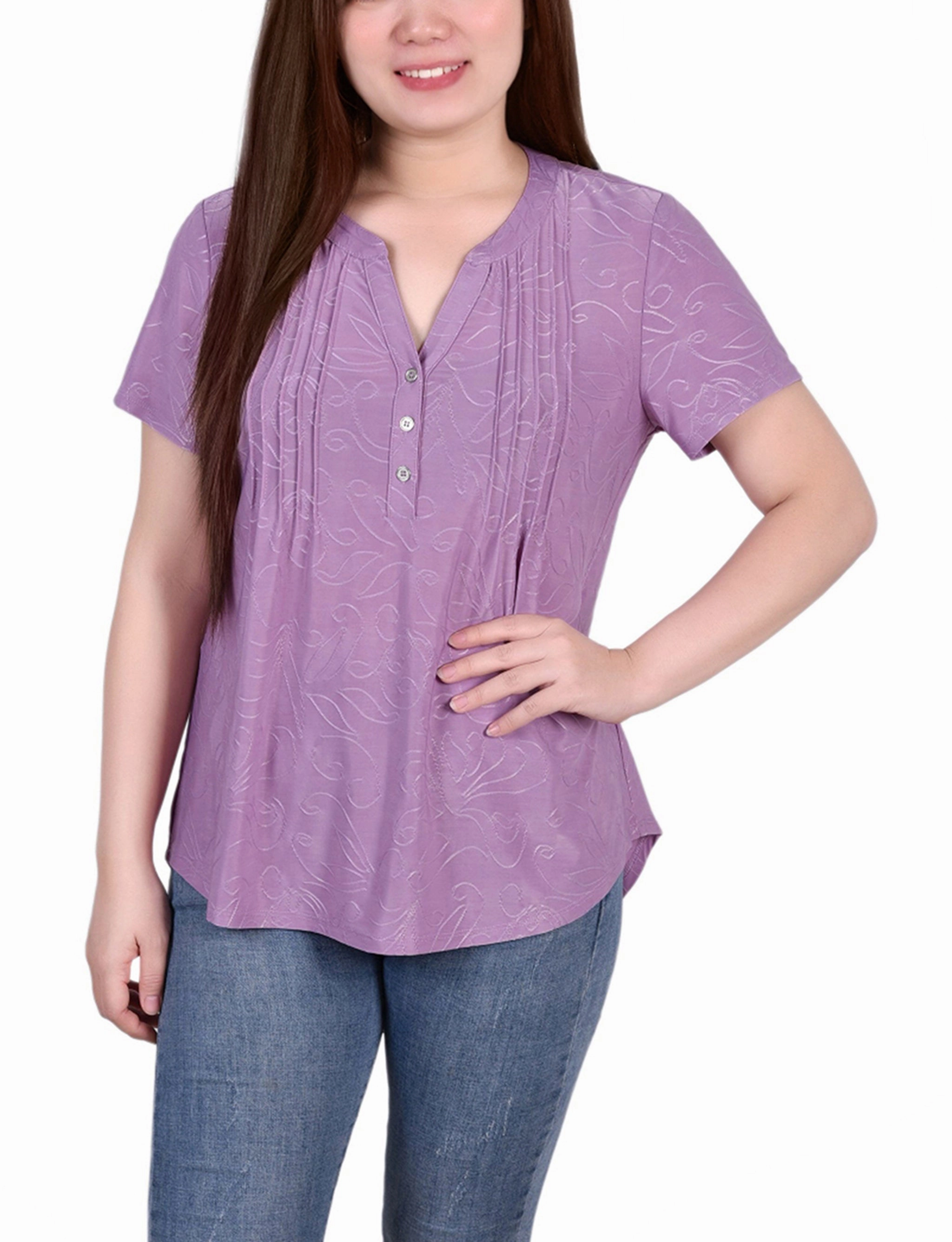 Tailored Placket Short Sleeve Y Neck Jacquard Knit Top