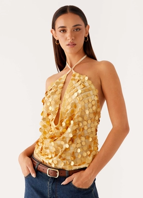 OversizedFit Xander Sequin Halter Top - Gold
