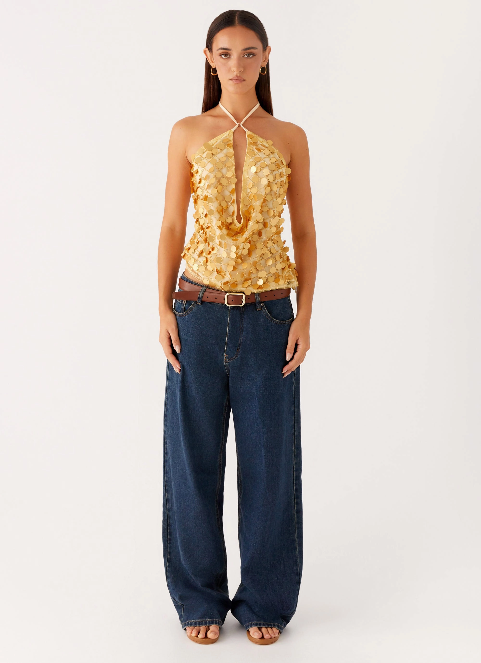 High Neck Design Xander Sequin Halter Top - Gold