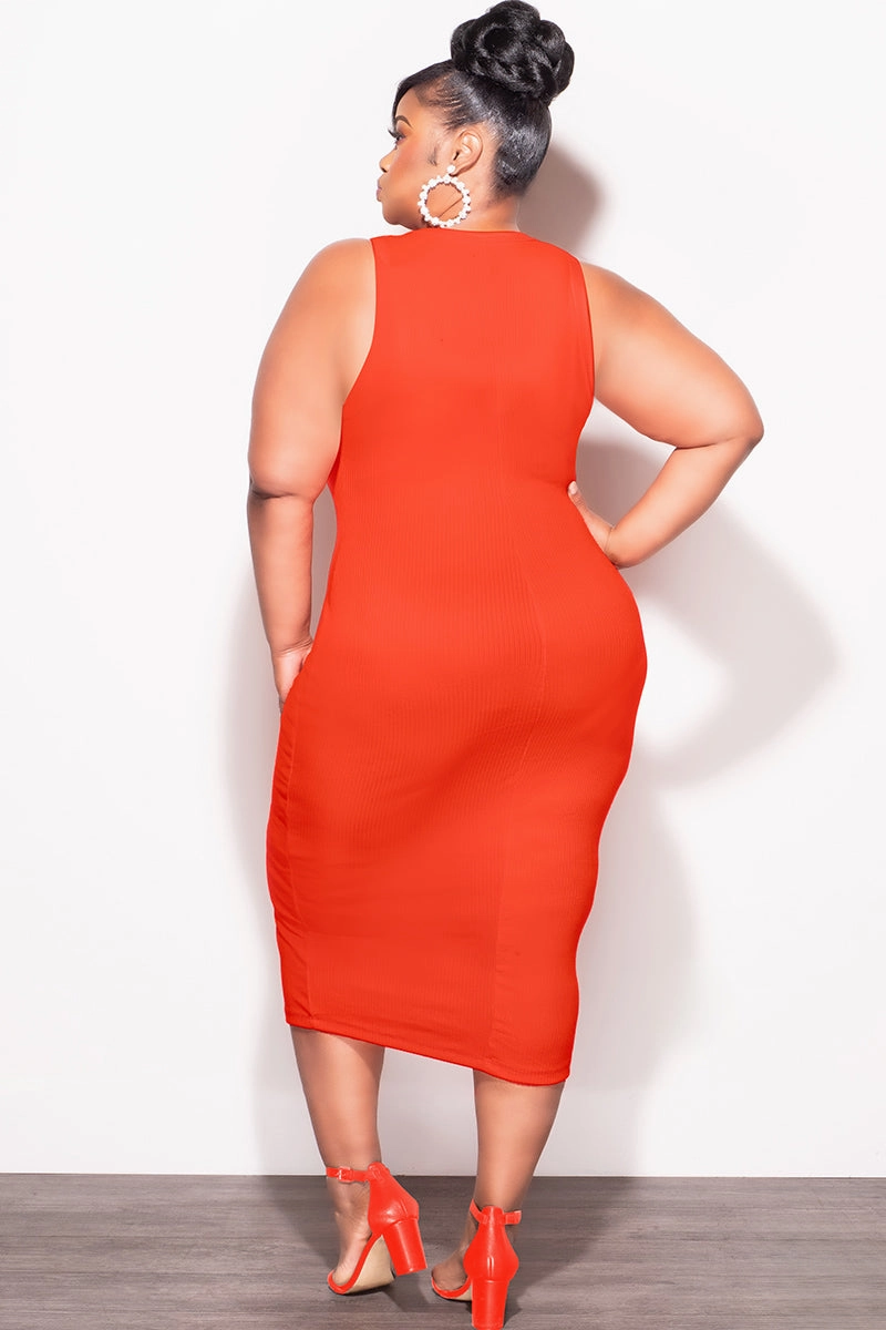 Final Sale Plus Size Ribbed BodyCon Tank Dress in Orange No Ride Up Flattering Fit