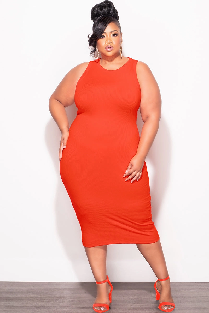 Breathable back panel Linen blend Final Sale Plus Size Ribbed BodyCon Tank Dress in Orange
