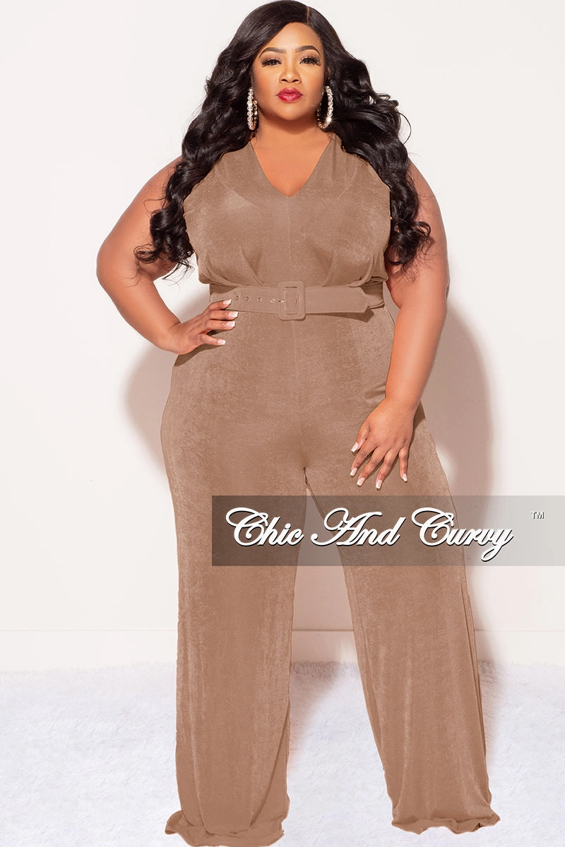 Final Sale Plus Size Slinky Deep V Neck Jumpsuit with Belt in Brown SeamlessConstruction