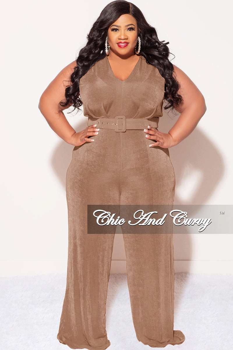 Printed design Full Motion Final Sale Plus Size Slinky Deep V Neck Jumpsuit with Belt in Brown