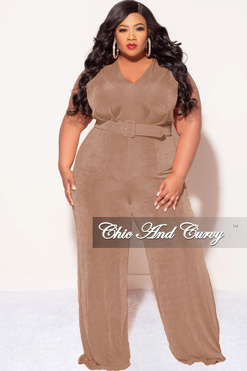 Core Ease Final Sale Plus Size Slinky Deep V Neck Jumpsuit with Belt in Brown