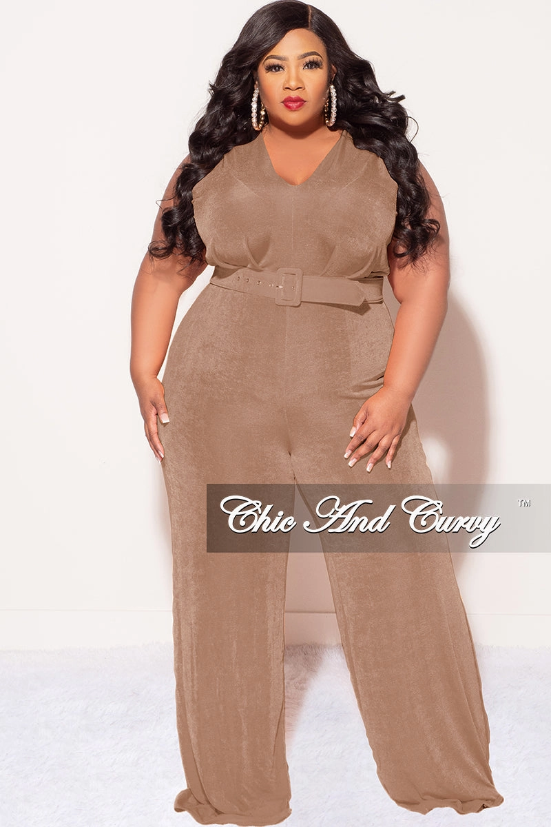 Final Sale Plus Size Slinky Deep V Neck Jumpsuit with Belt in Brown Sporty Layer