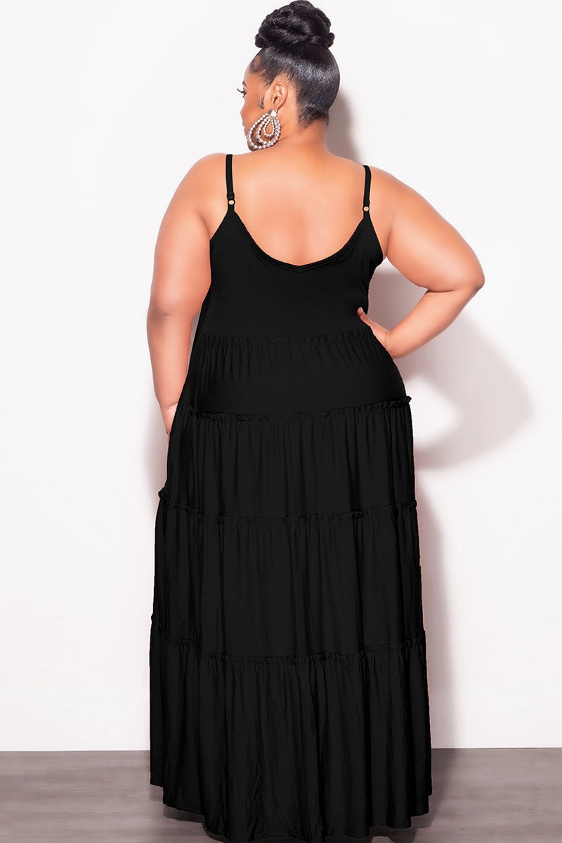 Final Sale Plus Size Spaghetti Strap Tiered Maxi Dress in Black Street Style
