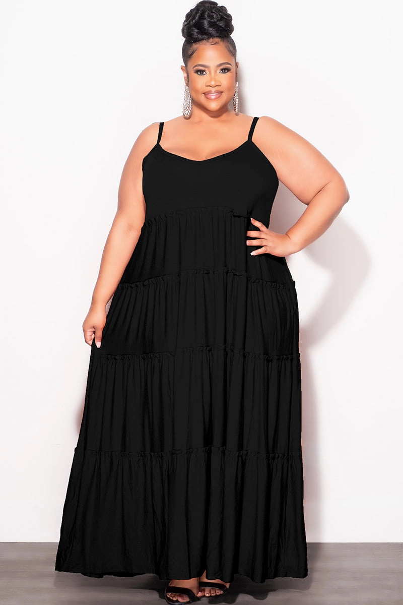 Stay Active Final Sale Plus Size Spaghetti Strap Tiered Maxi Dress in Black