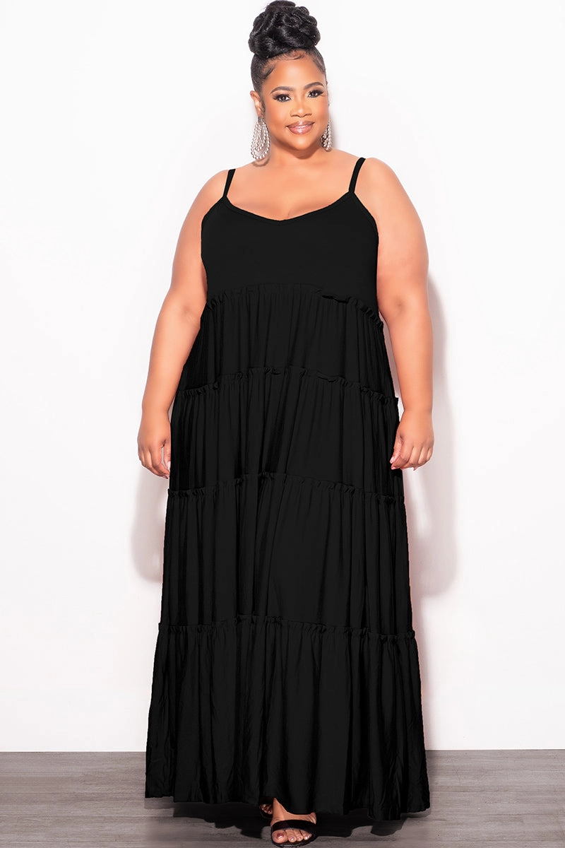 Final Sale Plus Size Spaghetti Strap Tiered Maxi Dress in Black Heat Friendly