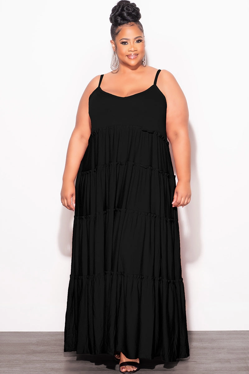 MoistureWicking Final Sale Plus Size Spaghetti Strap Tiered Maxi Dress in Black