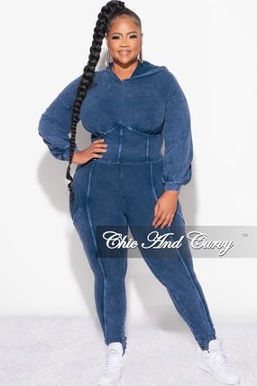 Adjustable Drawcord Wide-leg cut Final Sale Plus Size 2pc Hooded Top and Set in Navy