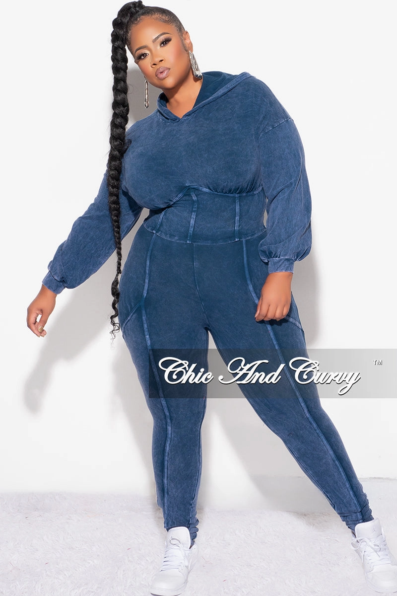 Final Sale Plus Size 2pc Hooded Top and Set in Navy Frayed hem Casual Active Wear