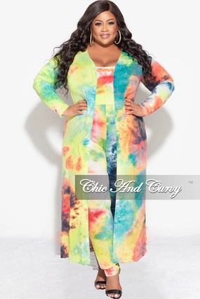 No Ride Fit Stain Release Finish Final Sale Plus Size 3-pc (Duster, Crop Tank Top & Pants) Set in Dark Firework Tie Dye
