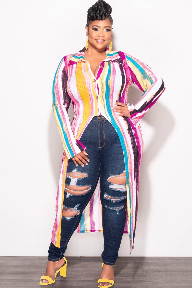 Final Sale Plus Size Ribbed Collar Button Up High-Low Top in Mustard Multi Color Print Slim Profile