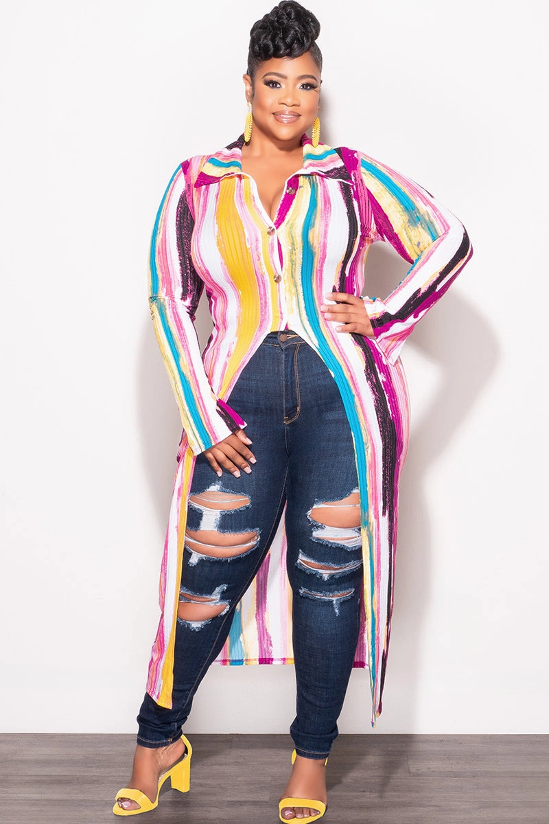 Final Sale Plus Size Ribbed Collar Button Up High-Low Top in Mustard Multi Color Print Active Design Wear