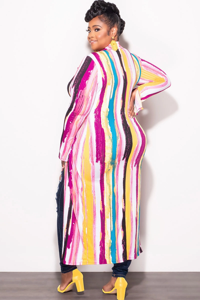 Quick Adjust Fit TouchscreenCompatiblePockets Final Sale Plus Size Ribbed Collar Button Up High-Low Top in Mustard Multi Color Print