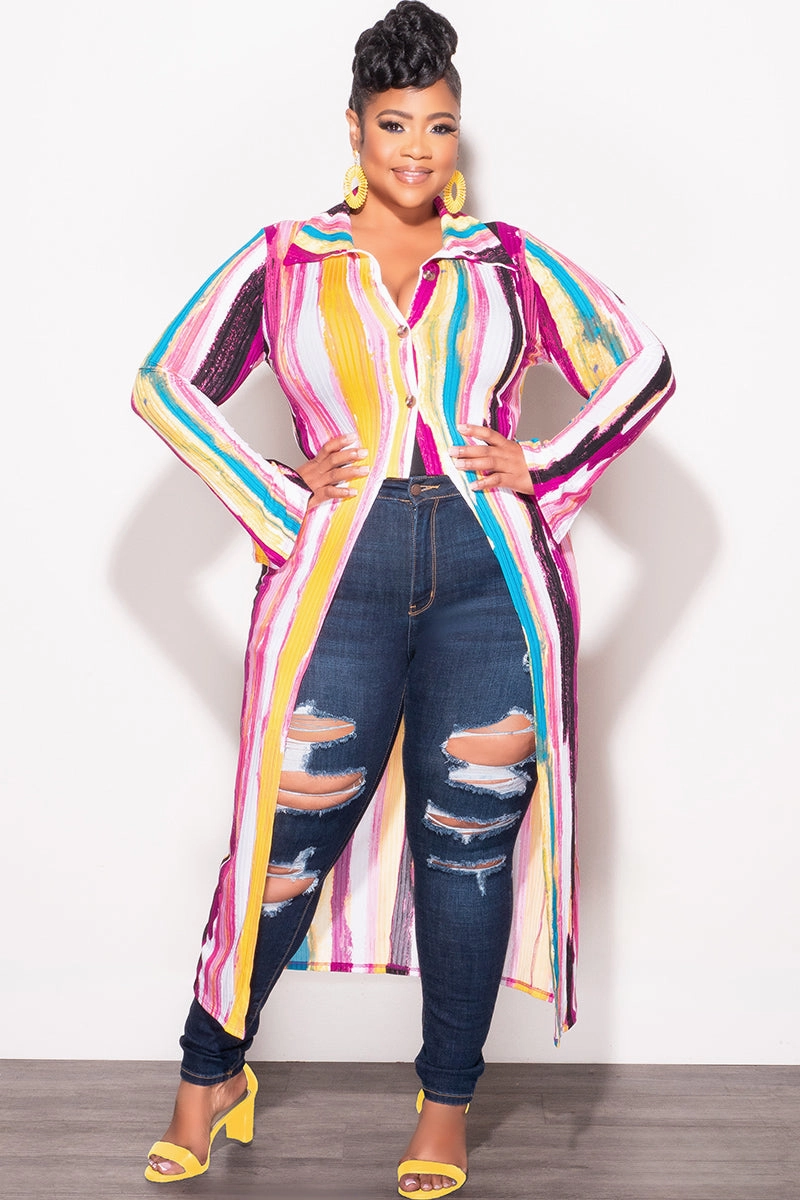 Final Sale Plus Size Ribbed Collar Button Up High-Low Top in Mustard Multi Color Print Fit Control