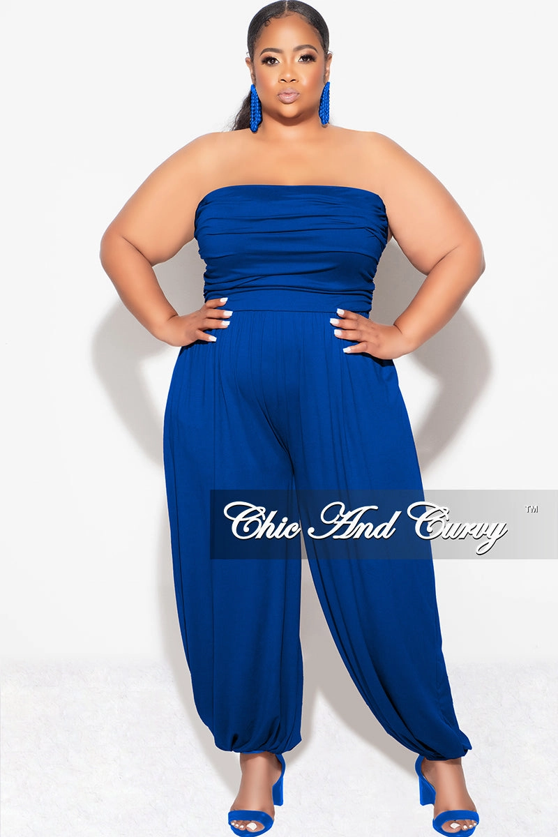 Final Sale Plus Size Strapless Jumpsuit in Royal Blue Multi Pocket Design