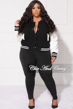 Versatile Wearable Final Sale Plus Size Plain Varsity Jacket in Black and White