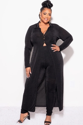 Sporty Function Tear Resistant Weave Final Sale Plus Size 2pc Set Duster Top with Front Gold Buttons and Matching Pants in Black Slinky Fabric