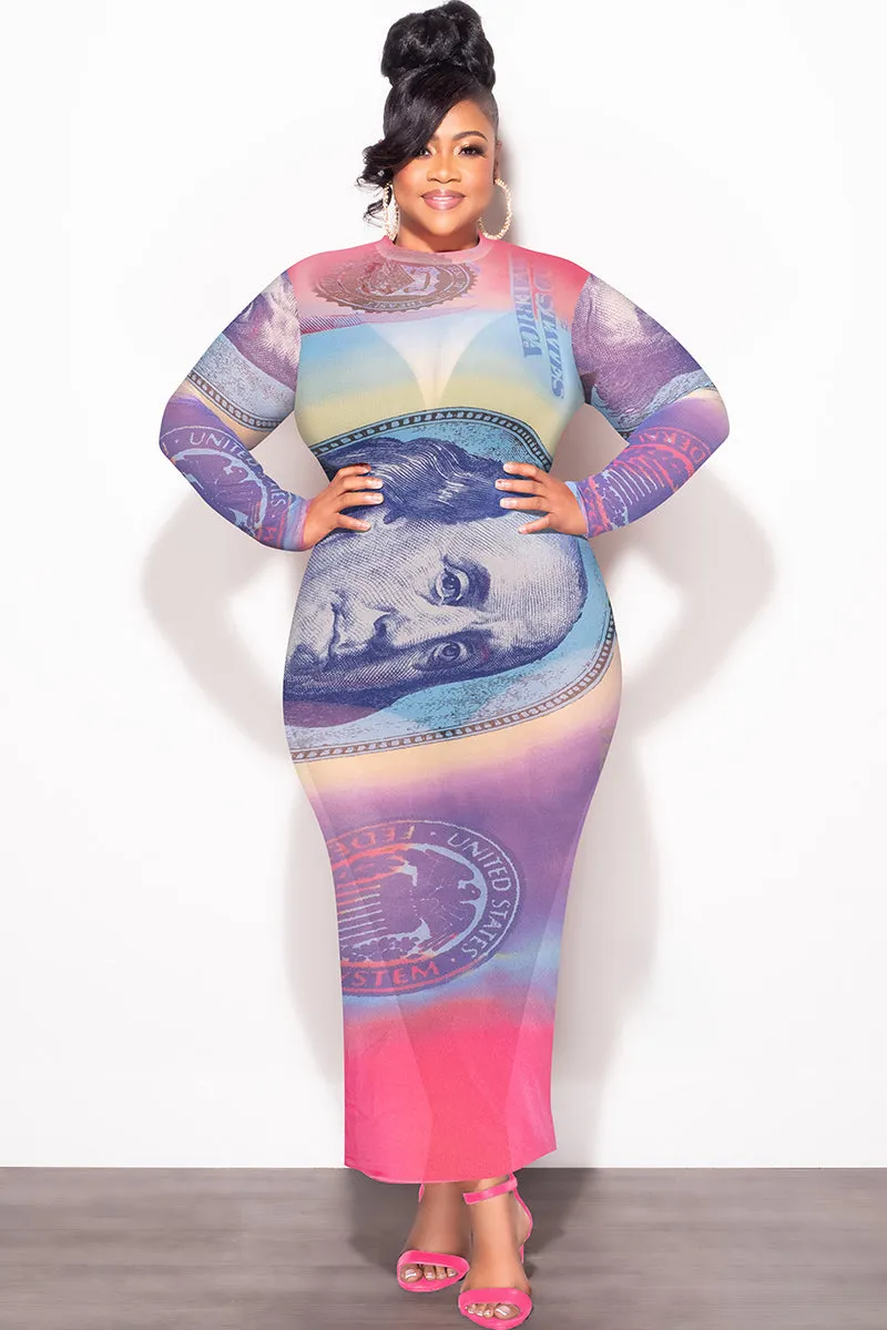 Chilly Day Ready Quick Dry Wear Final Sale Plus Size BodyCon In Mesh with Colorful Money Print
