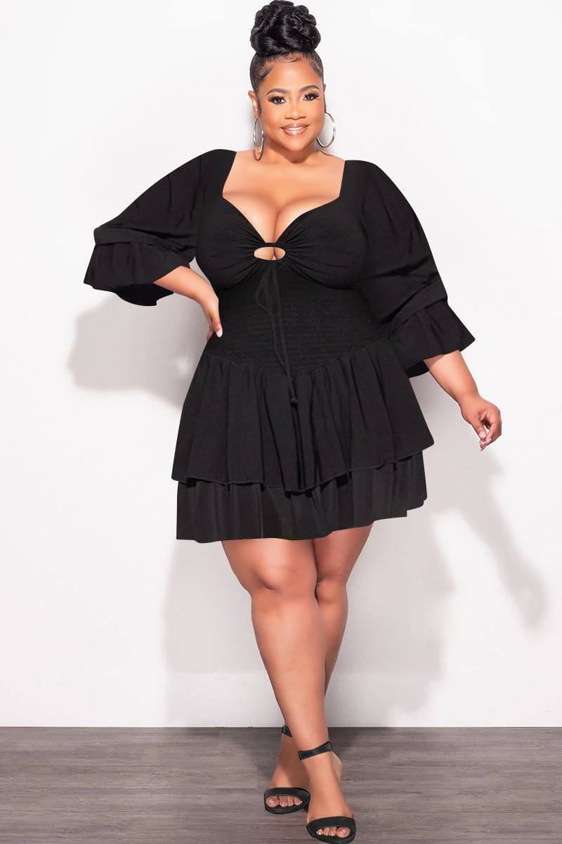 Final Sale Plus Size 2pc Set Off the Shoulder Crop Tie Top and Ruffle Layered Hem Mini Skirt in Black Soft and Cozy
