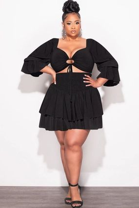 Core Movement Urban Style Final Sale Plus Size 2pc Set Off the Shoulder Crop Tie Top and Ruffle Layered Hem Mini Skirt in Black