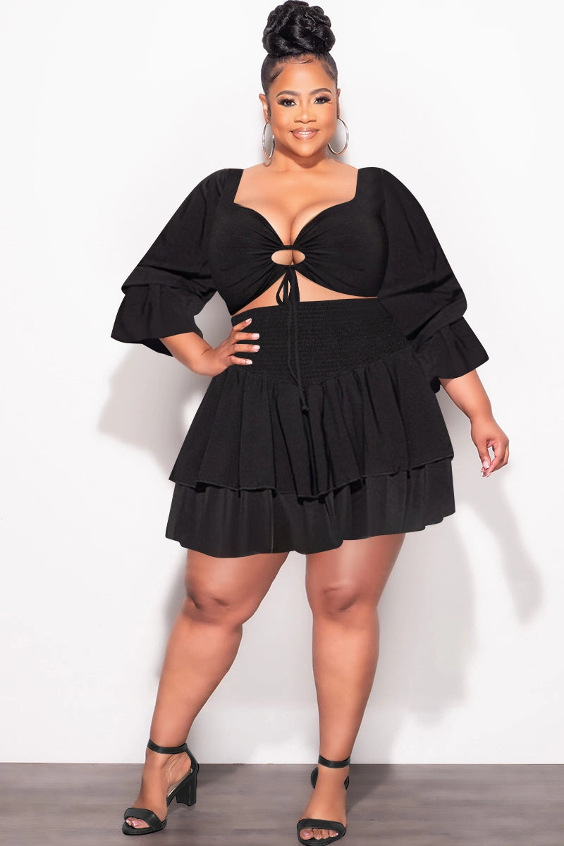 Durable Twill Final Sale Plus Size 2pc Set Off the Shoulder Crop Tie Top and Ruffle Layered Hem Mini Skirt in Black
