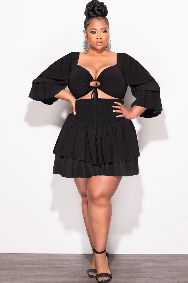 Core Movement Urban Style Final Sale Plus Size 2pc Set Off the Shoulder Crop Tie Top and Ruffle Layered Hem Mini Skirt in Black