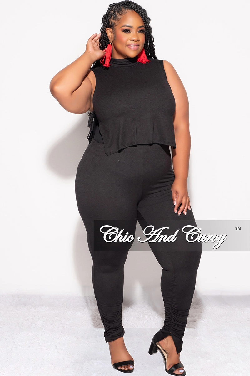 Skinny Fit Final Sale Plus Size 2pc Mock Neck Side Knot Tie Crop Top and Ruched Pants Set in Black