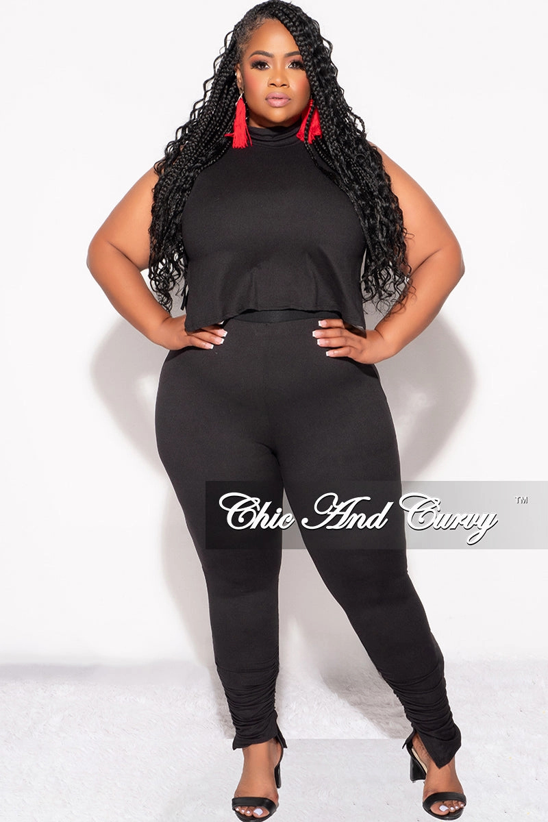 Final Sale Plus Size 2pc Mock Neck Side Knot Tie Crop Top and Ruched Pants Set in Black Rayon drape Adjustable Belt Loops
