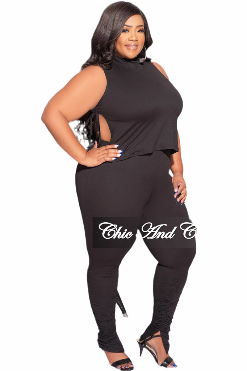 Low Profile Final Sale Plus Size 2pc Mock Neck Side Knot Tie Crop Top and Ruched Pants Set in Black