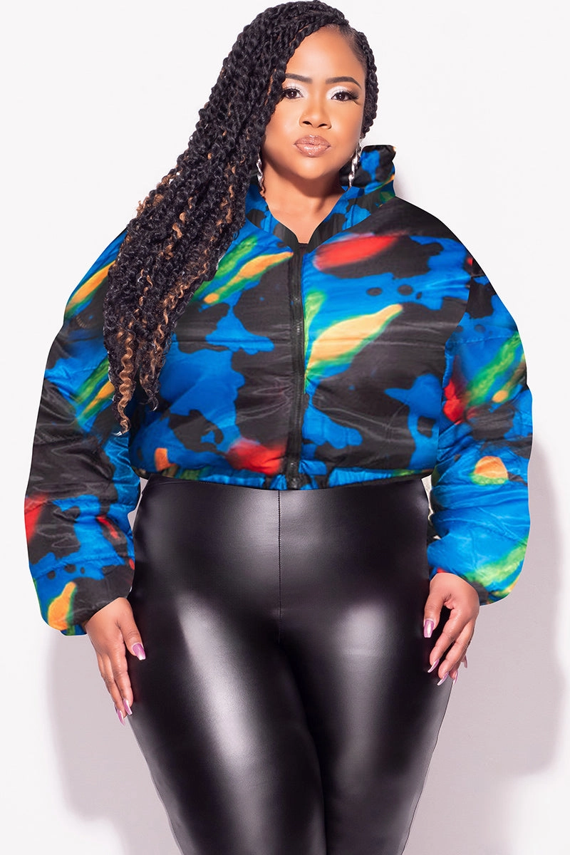 Active Look StretchMaterial Final Sale Plus Size Shiny Crop Puffer Jacket in Royal Blue Black Red and Green