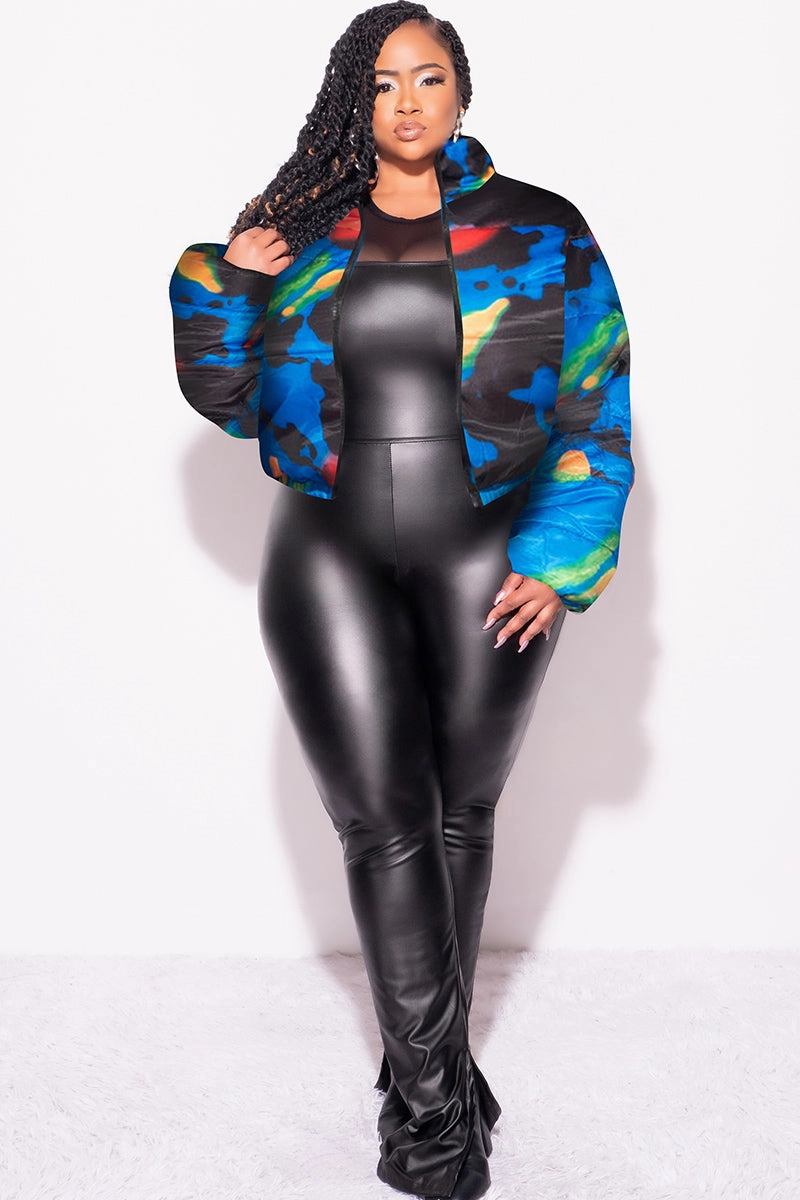 Comfy Wardrobe Chill Wear Final Sale Plus Size Shiny Crop Puffer Jacket in Royal Blue Black Red and Green