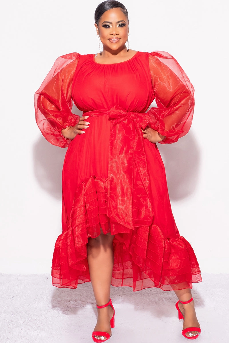 Soft and Stretchy Final Sale Plus Size Chiffon Ruffle Highlow Dress with Tie in Red
