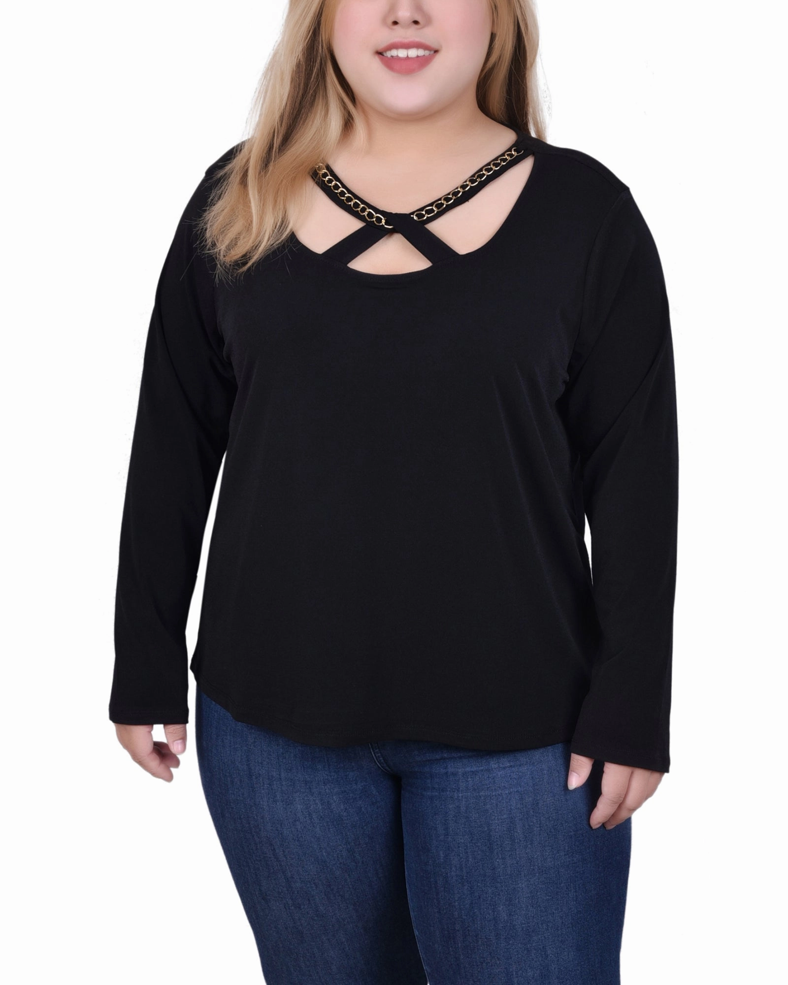 Long Sleeve Jeweled Neck Top Quick Dry Technology Flexible Ribbing