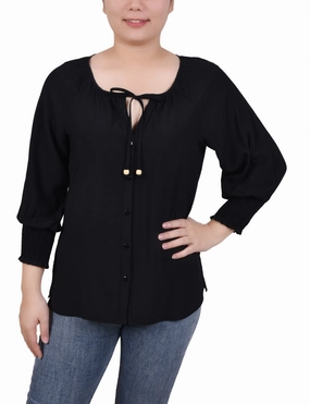 Moisture Wicking Fabric Flatlock Seams Petite 3/4 Sleeve Button Front Blouse