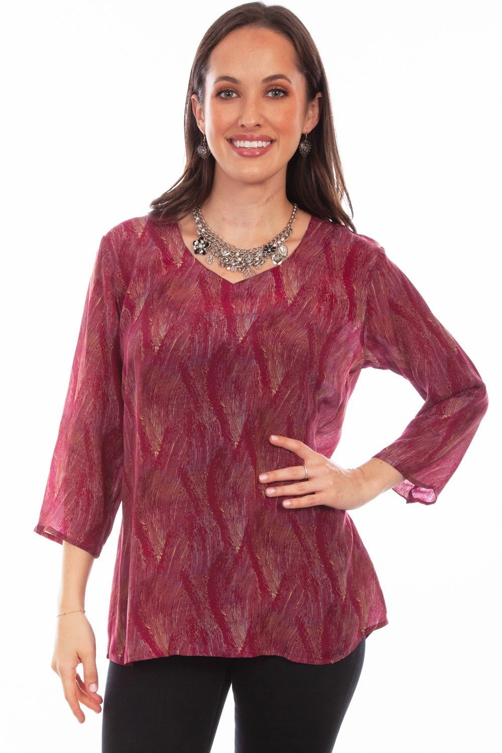 Versatile Layering Piece Scully Womens Fuschia Rayon Pullover Drape S/S Blouse