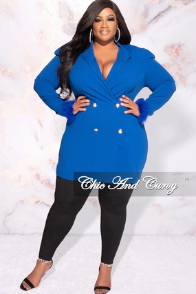 Non Closure Collar Final Sale Plus Size Button Blazer Dress with Feathers Cuffs in Royal Blue