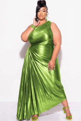 Final Sale Plus Size One Shoulder Asymmetric Pleated Dress with Cut Out in Metallic Moss Green Yarn Dyed Stripes Active Blouse
