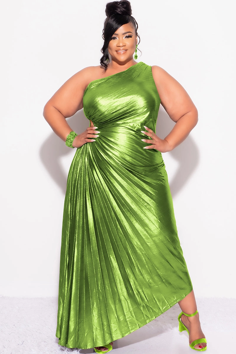 Sun Protection Fabric Ergonomic Fit Design Final Sale Plus Size One Shoulder Asymmetric Pleated Dress with Cut Out in Metallic Moss Green