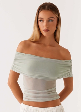 Nelly Off Shoulder Top - Pistachio Brushed Microfiber Surface WrinkleResistant Fabric